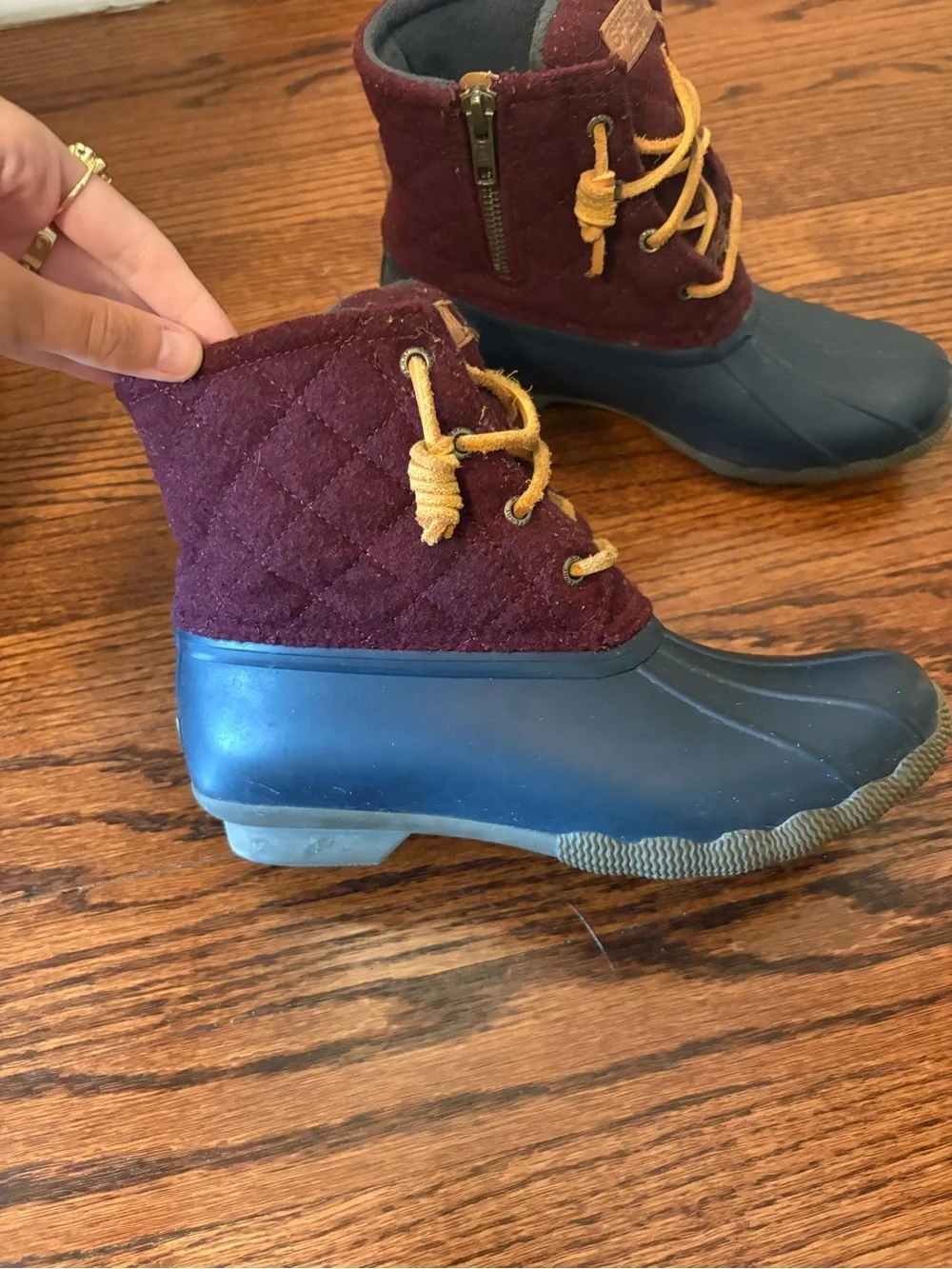 Sperry Maroon and Navy Duck Boots with Tan Laces
